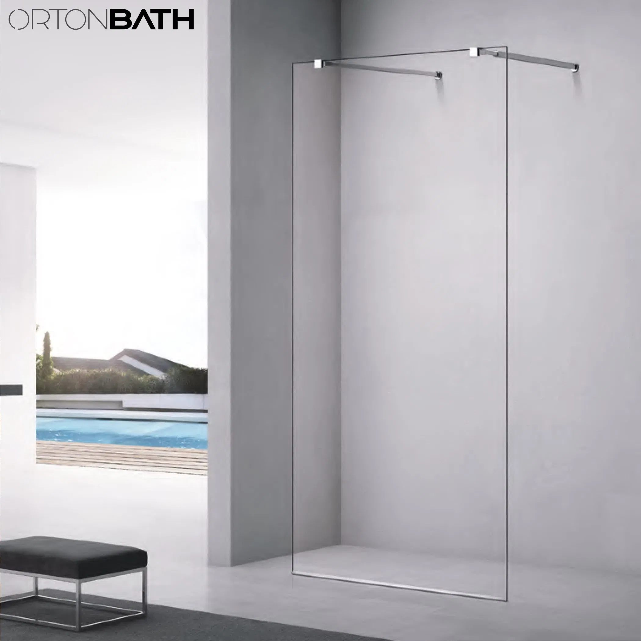 Ortonbath Walk in Single Door Glass Pivot Fixed Frameless Thick Customizable Tempered Glass Bathroom Shower Enclosure Screen with Two Support Bar