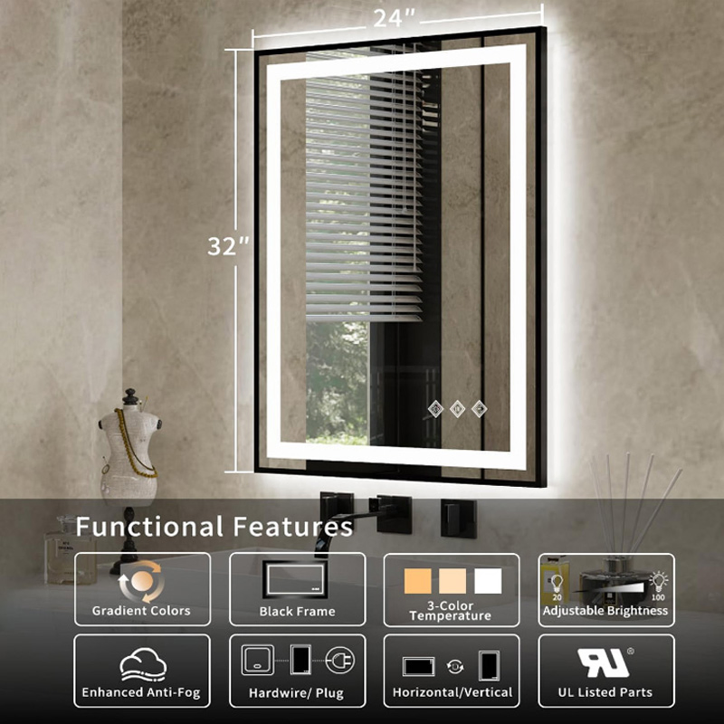 Color Temperature Wall Mounted Rectangle Hotel LED Mirrors with Defogger Bathroom LED Mirror