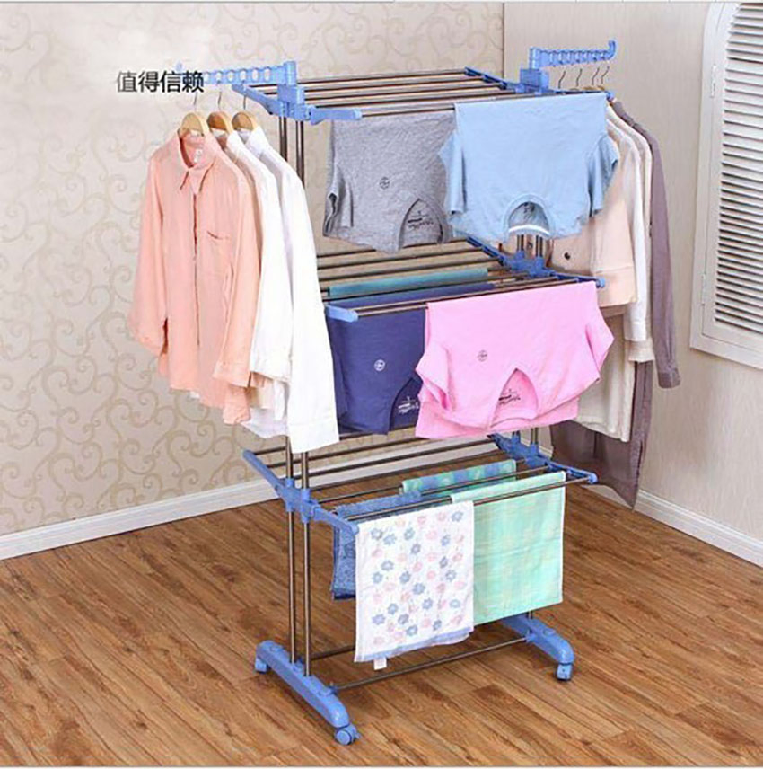 Plastic Metal Coat Hangers with Wheels Store Drying Airer Double Pole Telescopic Golden Over Door Clothes Drying Rack