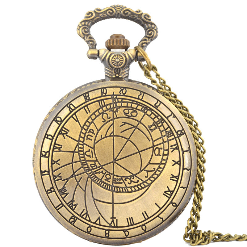 Wholesale Quartz Bronze Hollow Symbol Vintage Clock Necklace Chain Pendant Fob Pocket Watch