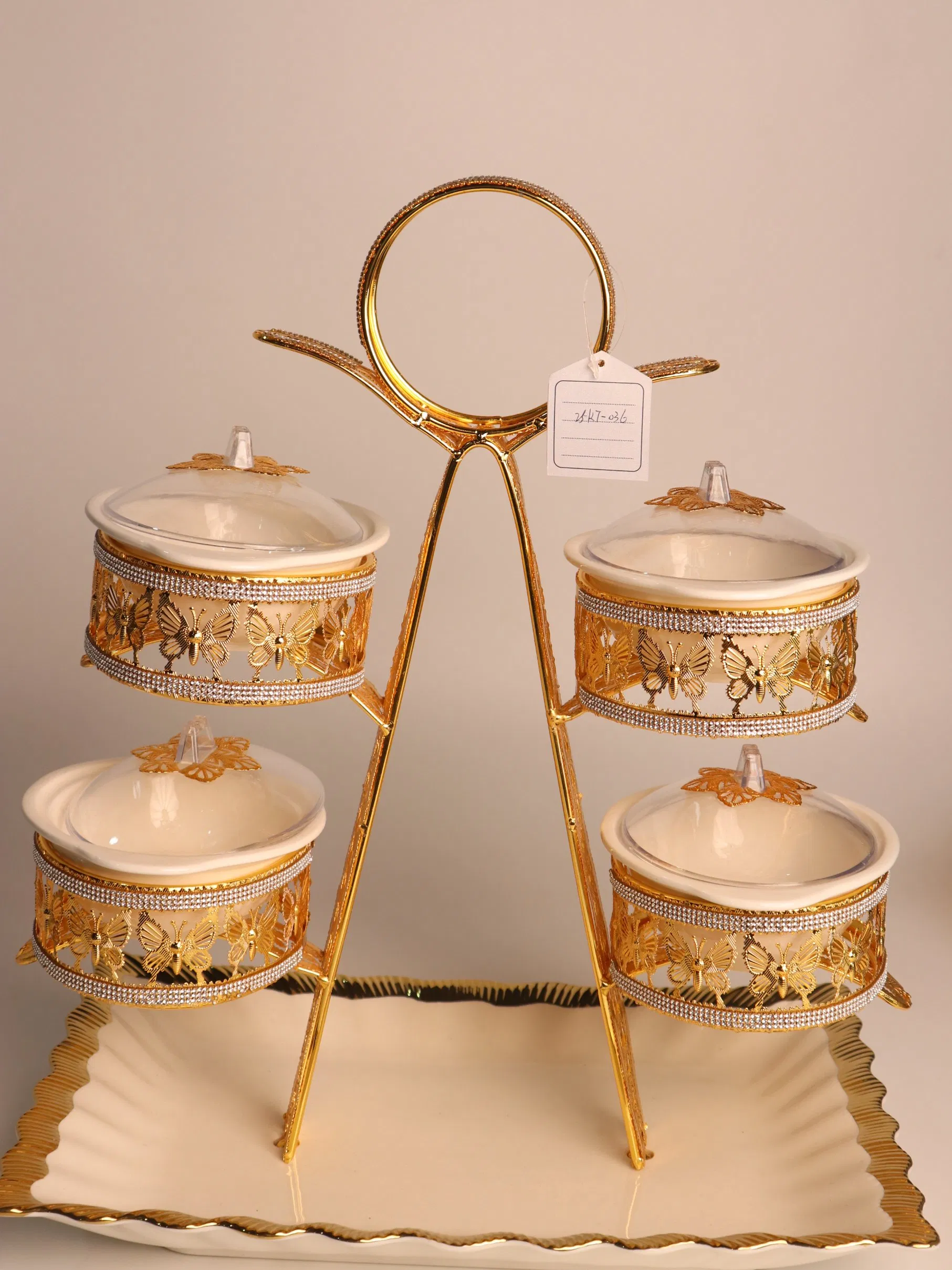 Home Ornament Gold-Plated Iron Frame with Large Size Round Four-Panel Ceramic Bowl