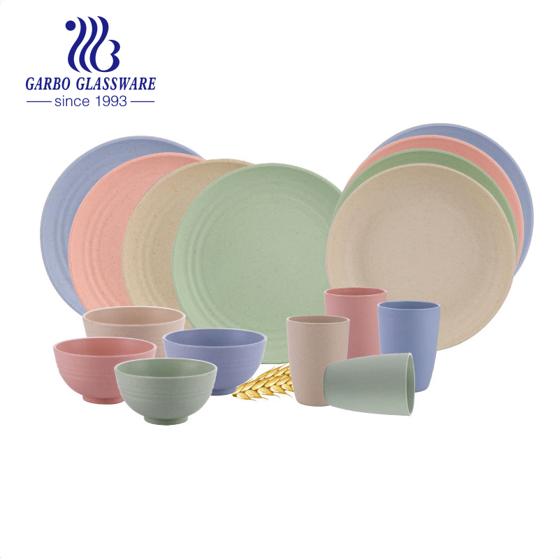 Wholesale Eco Friendly Wheat Straw 16PCS Dinner Set Chopstick Fork Spoon Bowl Plate Dinnerware