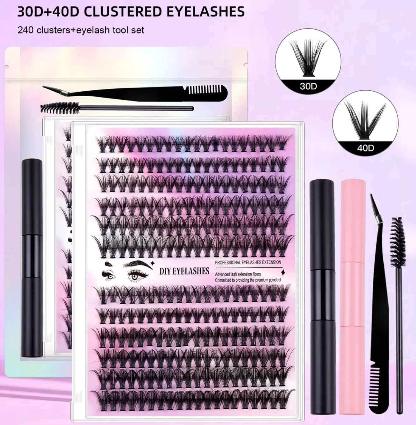Hot Sale Segment Eyelash Individual Cluster Silk Fluffy Private Label DIY Eyelash Extension Kit Cluster Lash Bond and Seal Applicator Eyelash with Remover