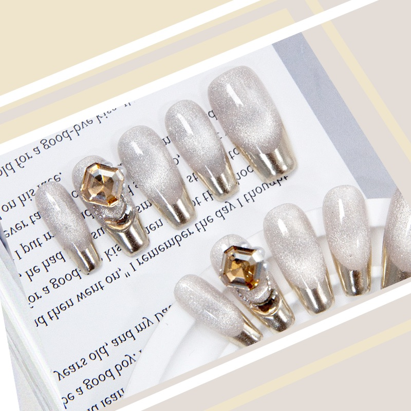 Luxury Silver Gold Glitter False Nails with Rhinestones - Elegant Press on Nails for Women - Reusable Artificial Nails