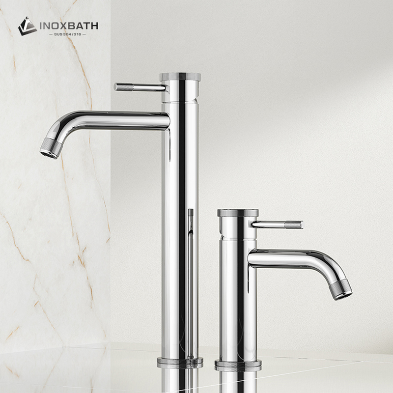Custom Height Basin Faucet Single Handle with Knurled Detail, 304 Stainless Steel