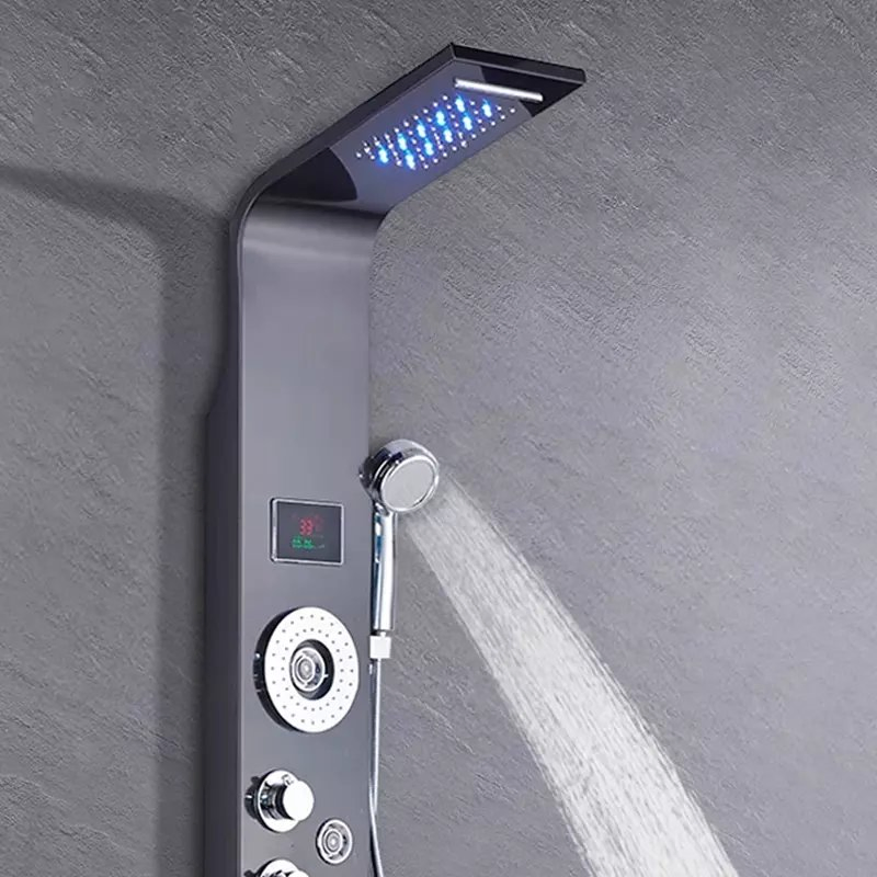 LED Thermostatic Digital Display Shower Panel Bathroom Wall Mounted Stainless Steel Waterfall Black Shower Column Set Tower Massage Jets LED Shower Panels