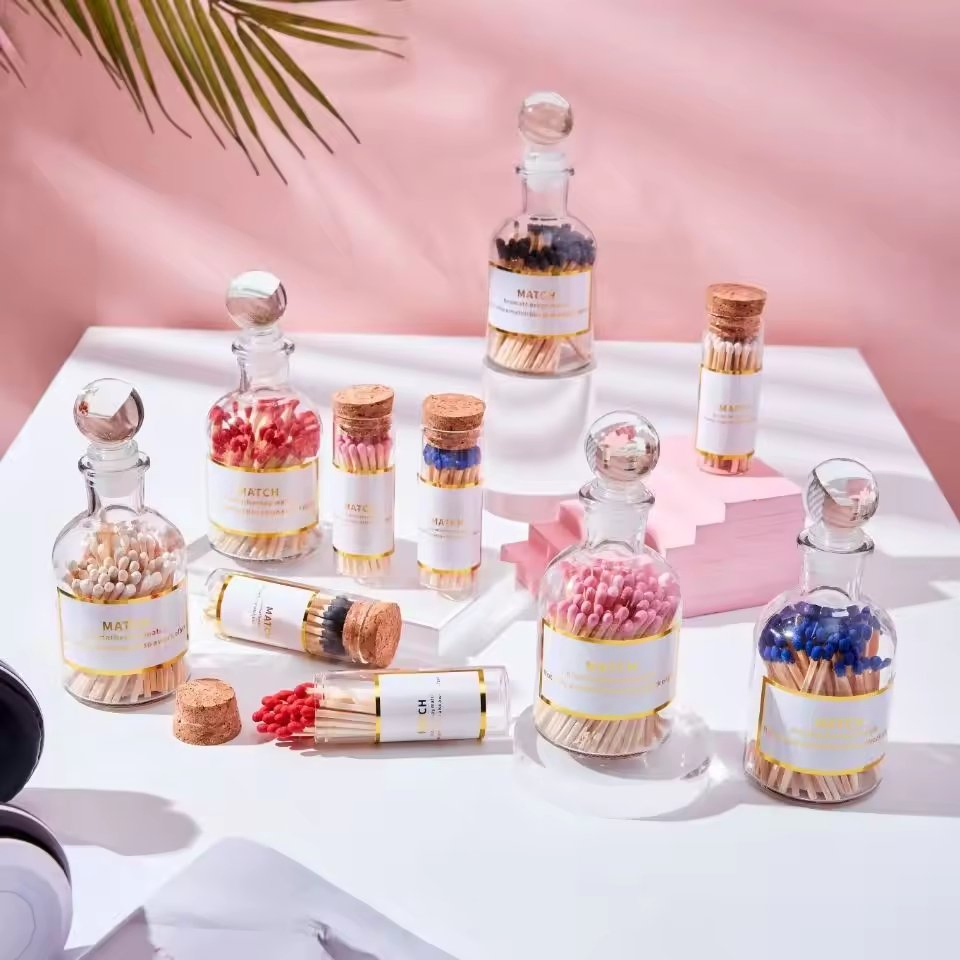 Colorful Long Candle Matches in Elegant Glass Jar