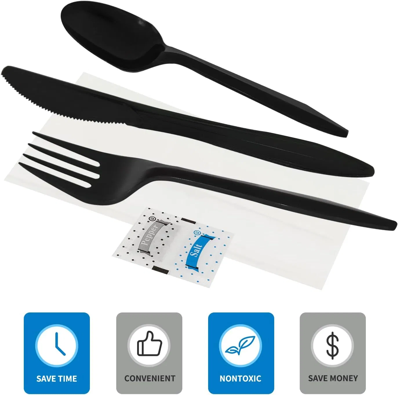 Knife Fork Spoon Napkin Salt Pepper Sets, Individually Wrapped Black Plastic Cutlery