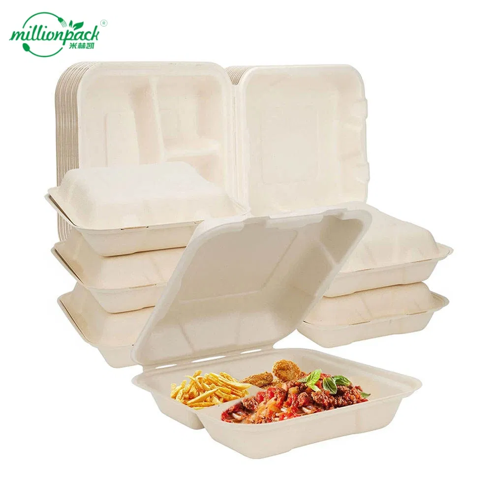 Compostable Sugarcane Bagasse Compartment Lunch Box with Divider for Meal Prep