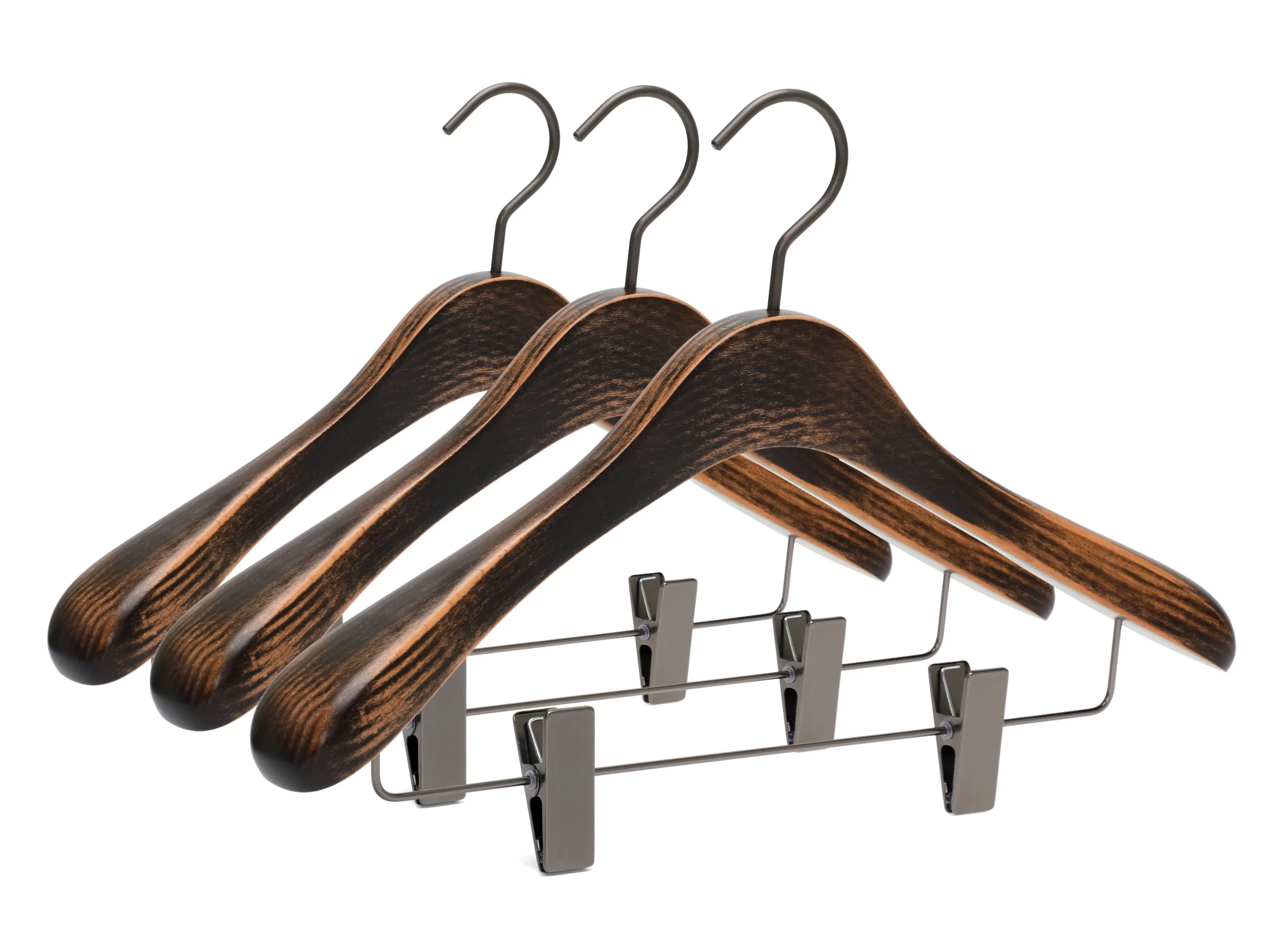 Luxury Wood Hangers: Natural/Dark Brown Wooden Top Clothes Hangers with Trouser Bar or Clips for Coat/Suit/Jacket/Hotels/Clothing Display