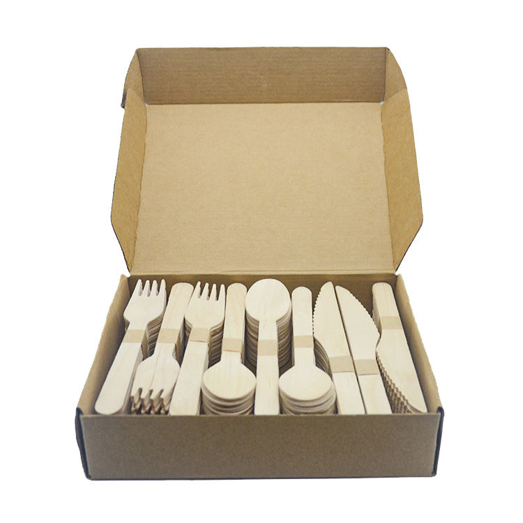 Wholesale Custom Disposable Wooden Bamboo Biodegradable Knife Fork Spoon Tissue Cutlery Set