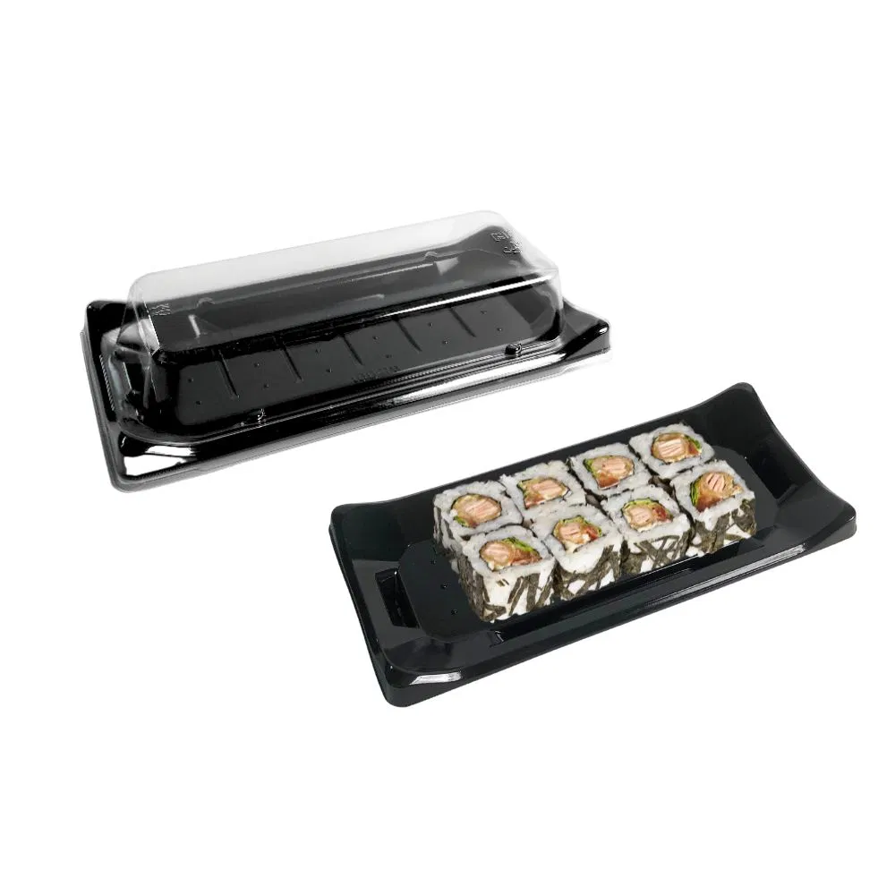 Manluen Supplier Wholesale One Time Use Black Takeaway Sushi Boat Shape Dispsoable Plastic Food Packaging