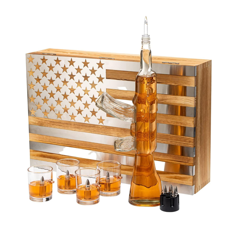 Glasses & Chillers Set in Box Hanging Storage American Flag Gift Box with Silver Metal Flag Whiskey Decanter Flag Set