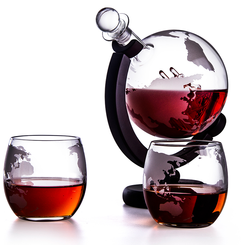 Hand Made Borosilicate Liquid Etched Globe Decanter Set with Whisky Cups