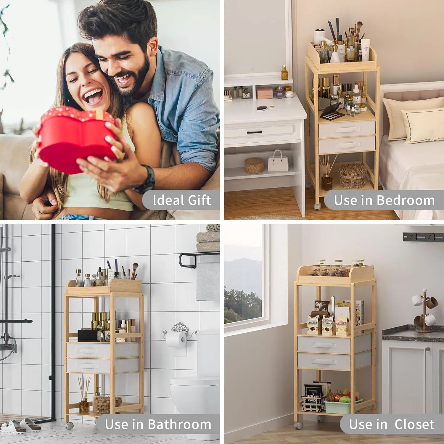Multi Purpose Bamboo Storage Rack with Wheeled Fabric for Skincare Products