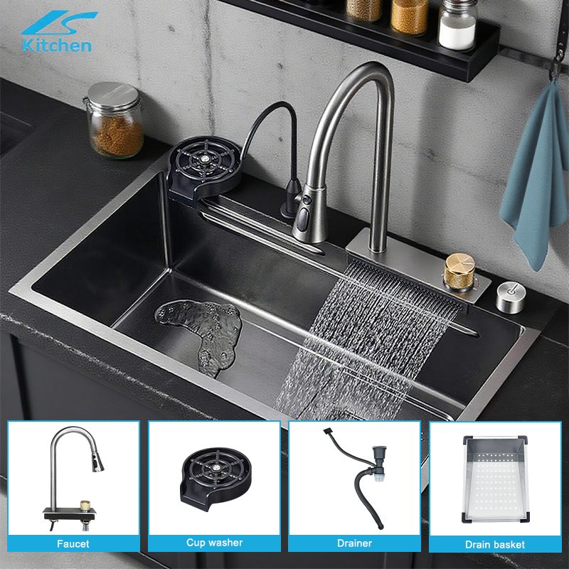 Modern Multifunctional Undermount Sink 304 Stainless Steel Smart Waterfall Kitchen Sink with Faucets