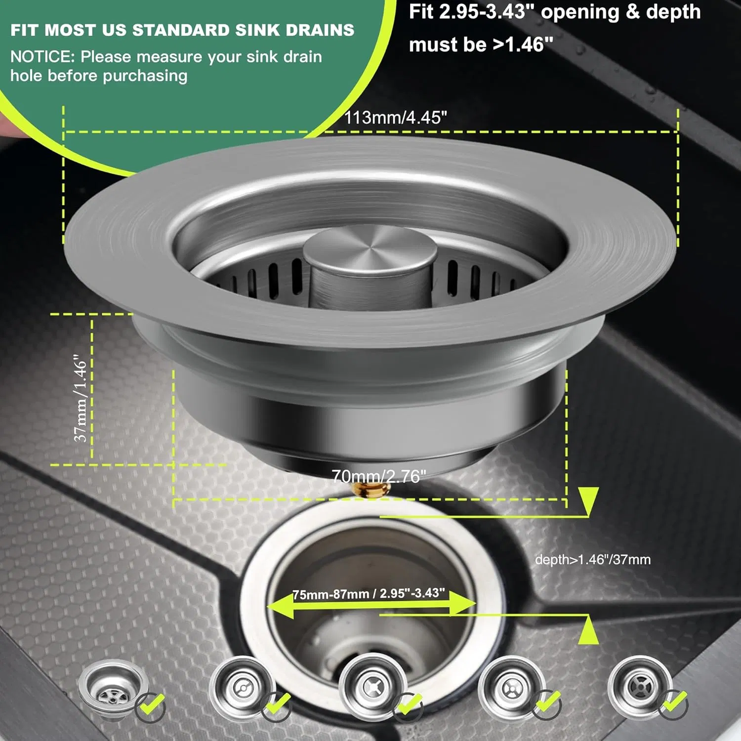 Sink Drain Strainer, 304 Stainless Steel Pop up Sink Stopper, Anti-Clogging Drain Stopper, Strainers for Sink, Drain Cover Sink Accessories for Standard Sink