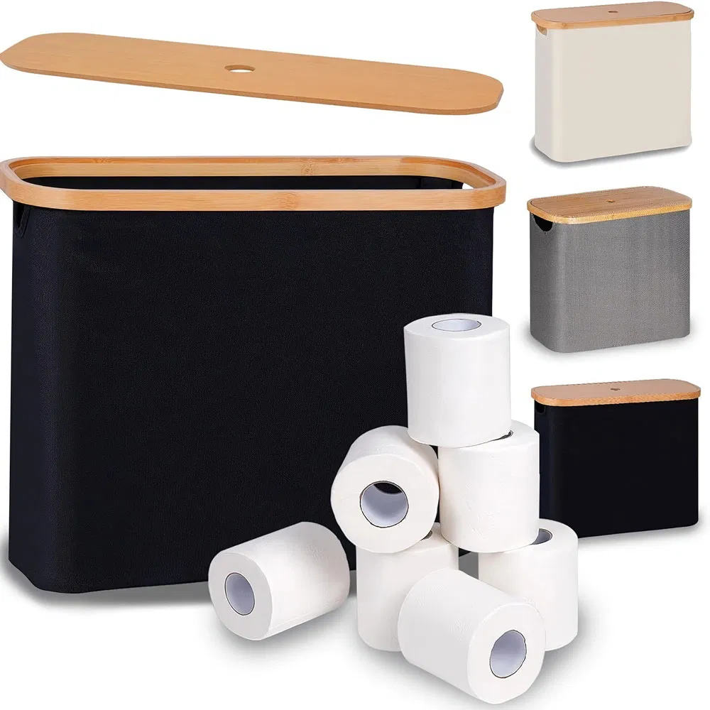 Mobile Bamboo Toilet Paper Holder with Lid and Wheels for Bathroom