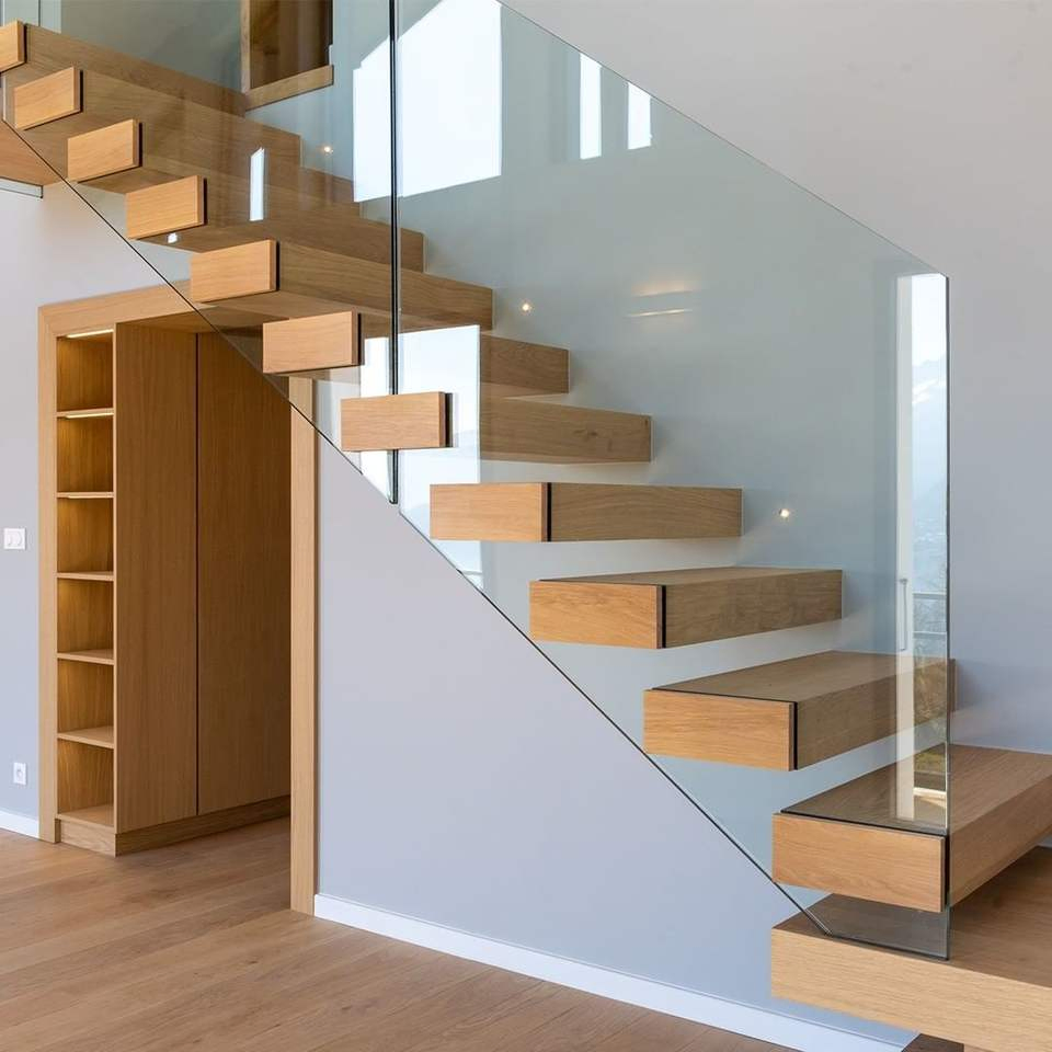 Stringer Wooden Floating Hidden Cantilever Stairs Tempered Floating Staircase with LED Light