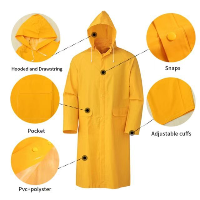 PVC/Polyester 0.35mm Heavy Duty Long Mens Yellow PVC Raincoat 20%off