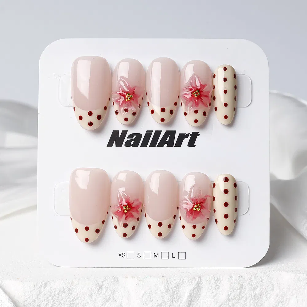 Elegant Pink Floral French Tip Press-on Nails with Dots