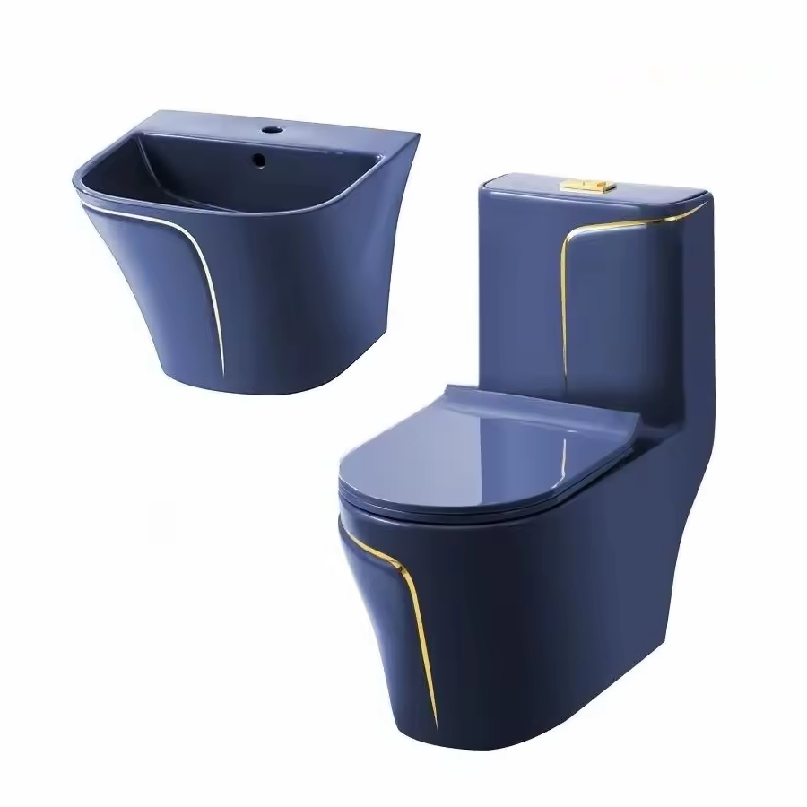 Blue and Golden Line Design Ceramic Bathroom Wc Siphon Flush Toilet Bowl Basin Sanitary Ware Suits Toilets Set