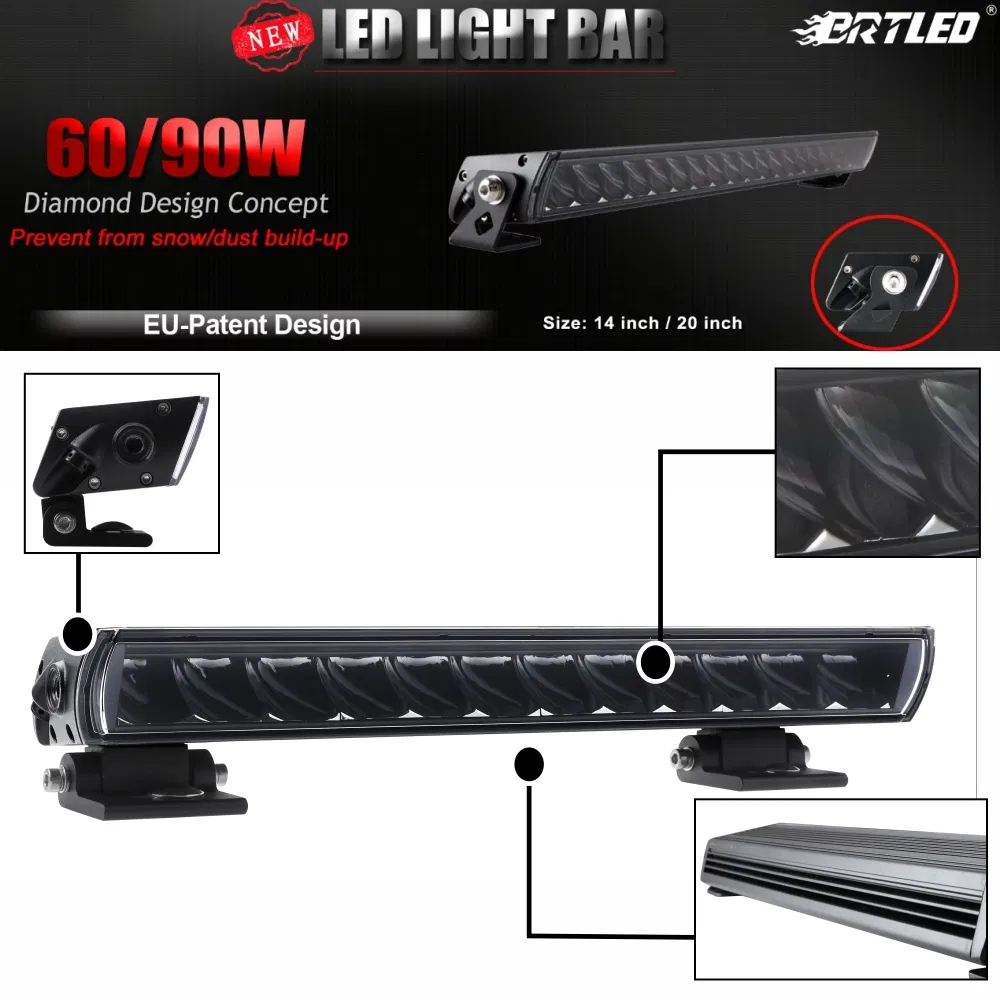 Diamond LED Slim Light Bar Series — 14" 60W and 20" 90W, ECE R112 Approved