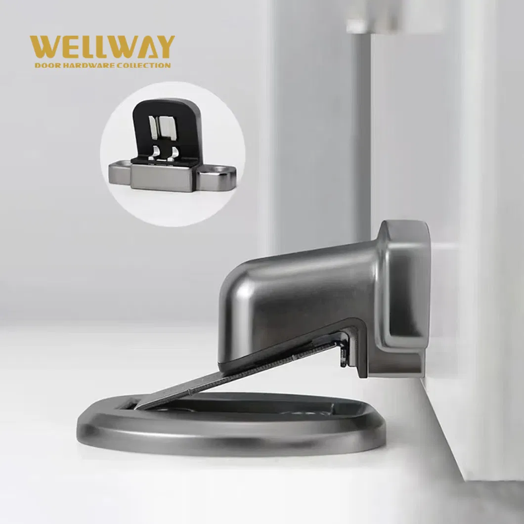 Gunmetal Grey Zinc Alloy Magnetic Door Stopper with Modern Curved Housing and Stable Floor Base for Wood Doors OEM Supplier-Ds-02-023