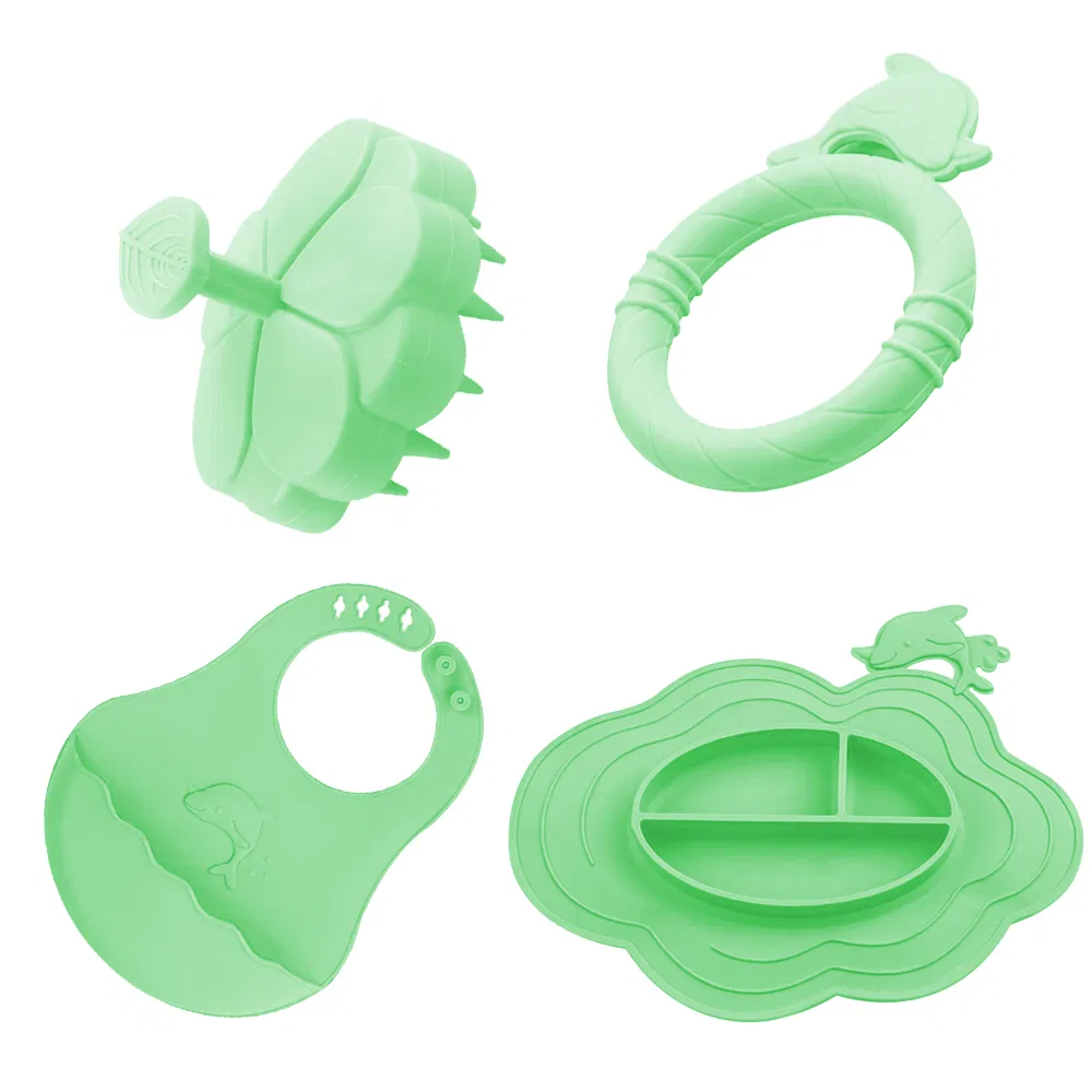 Baby Toddlers Infants Feeding Set, Adjustable Silicone Bibs, Suction Bowls, Divided Plates Soft Spoon