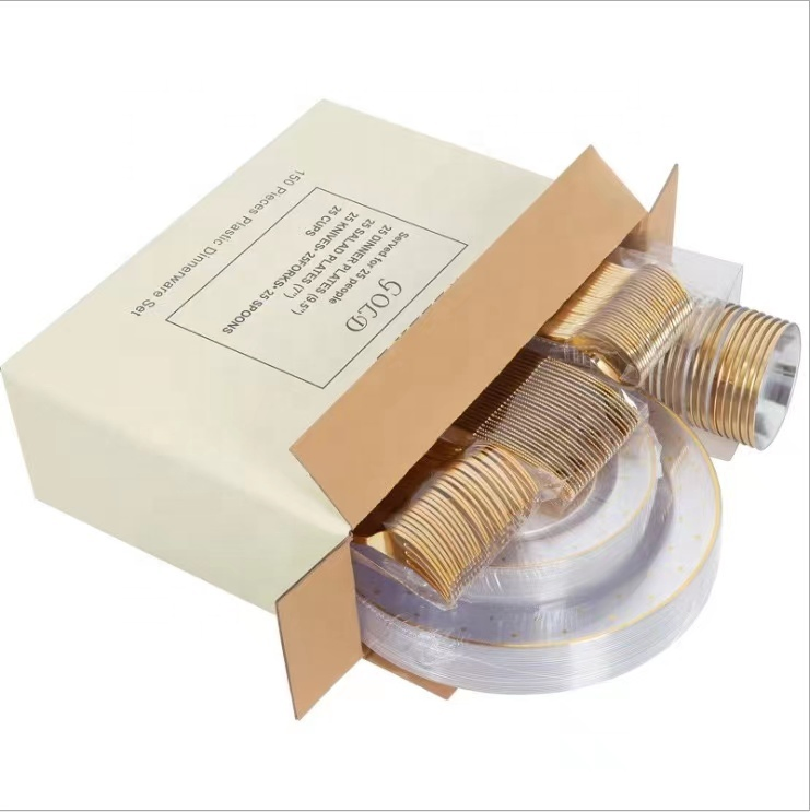 Luxury Gold Disposable Plates 25PCS Wedding/Birthday Round Plastic Party Dinnerware Set 7.5/10.25inch, Bulk Wholesale Custom Logo