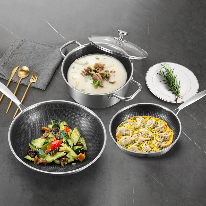 5PCS Three-Layer 304 Stainless Steel Non-Stick Frying Pan Cookware Set