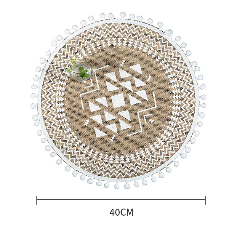 Eco-Friendly Natural-Colored Jute Placemat, Round Minimalist Fringe Screen Printing Style