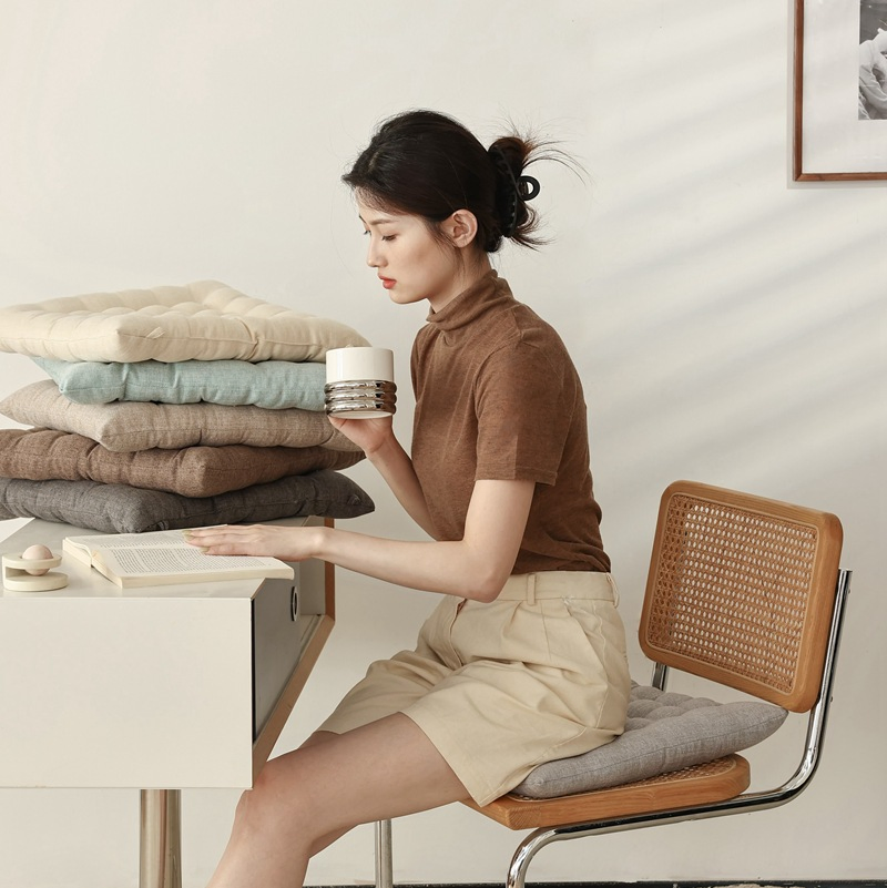 Solid Colors Dining Office Chair Square Floor Tatami Mat Linen Cover Seat Cushion