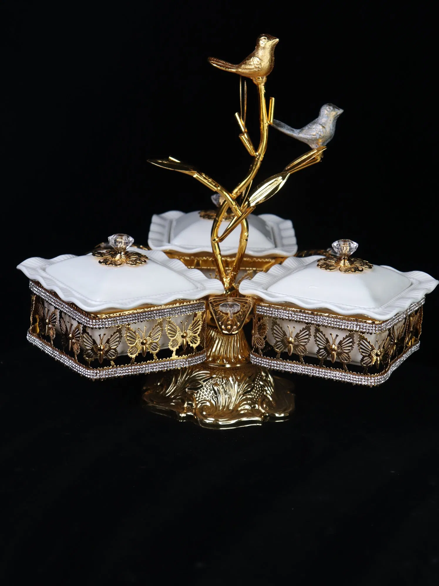 Home Ornament Gold-Plated Iron Frame with 3 Square Ceramic Bowl