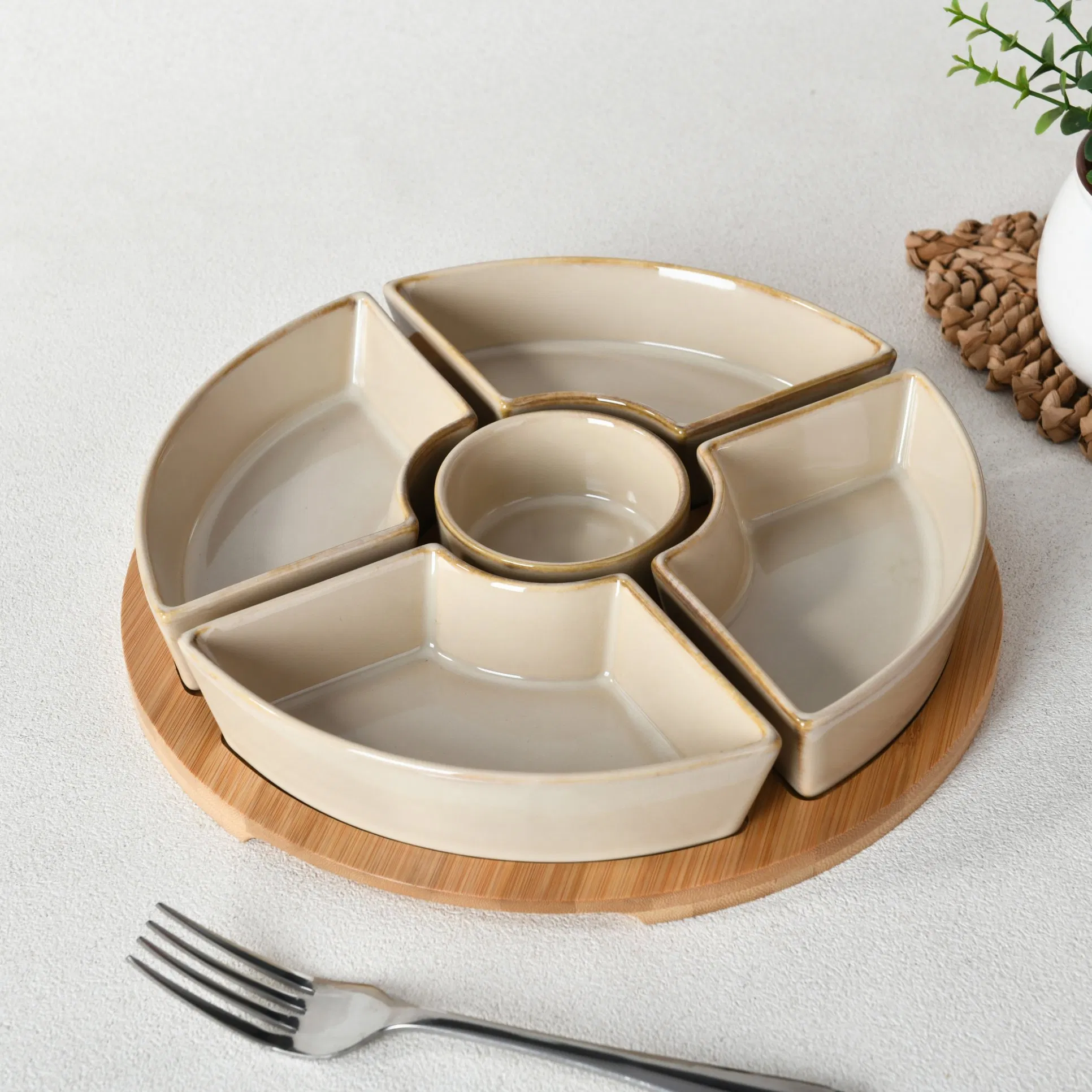 5PCS Divided Porcelain Servingware Ceramic Plate Set with Bamboo Tray