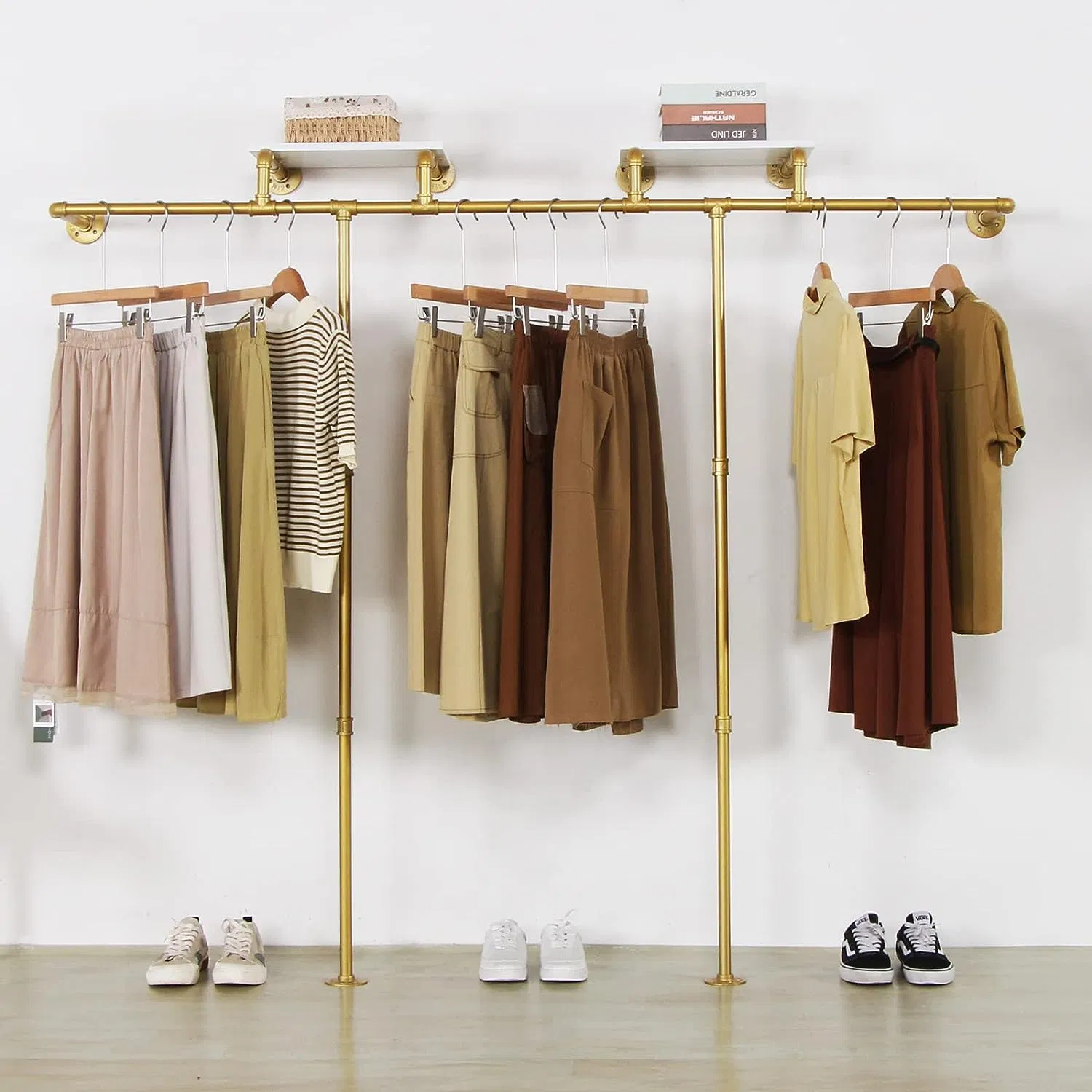 Gold Pipe Clothing Rack for Hanging Clothes Wall Mounted Heavy Duty Gold Industrial Pipe Clothing Rack with 2 Shelves