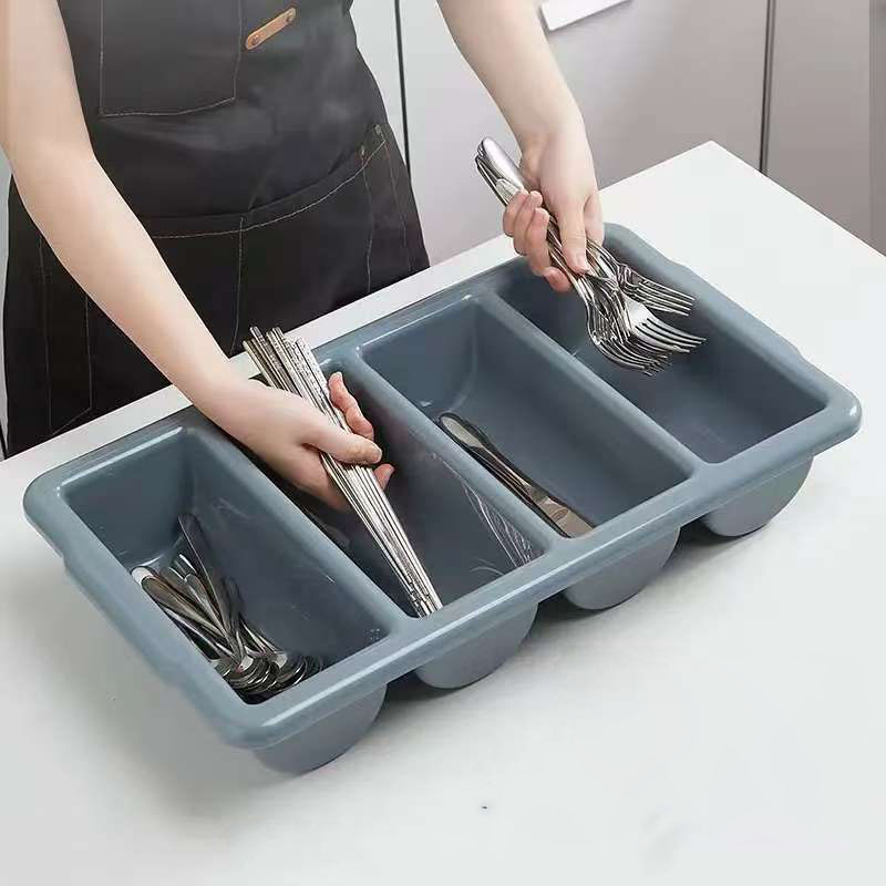 4 Compartment Restaurant Plastic Fork Knife Flatware Tableware Storage Box Cutlery Tray