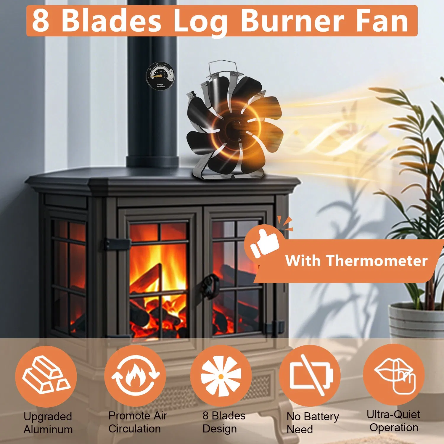 High-Cfm Multi-Blade Fireplace Insert Fan - Powerful & Silent Heat Circulation Blower for Fireplaces