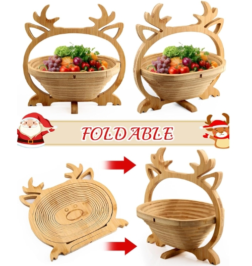 Bamboo Fruit Tray Dried Christmas Elk Shape Foldable Fruit Basket