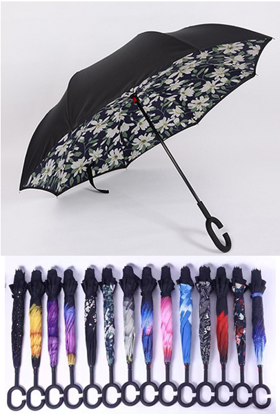 Lily Print Car Reverse Straight Manual Umbrella Windproof Function