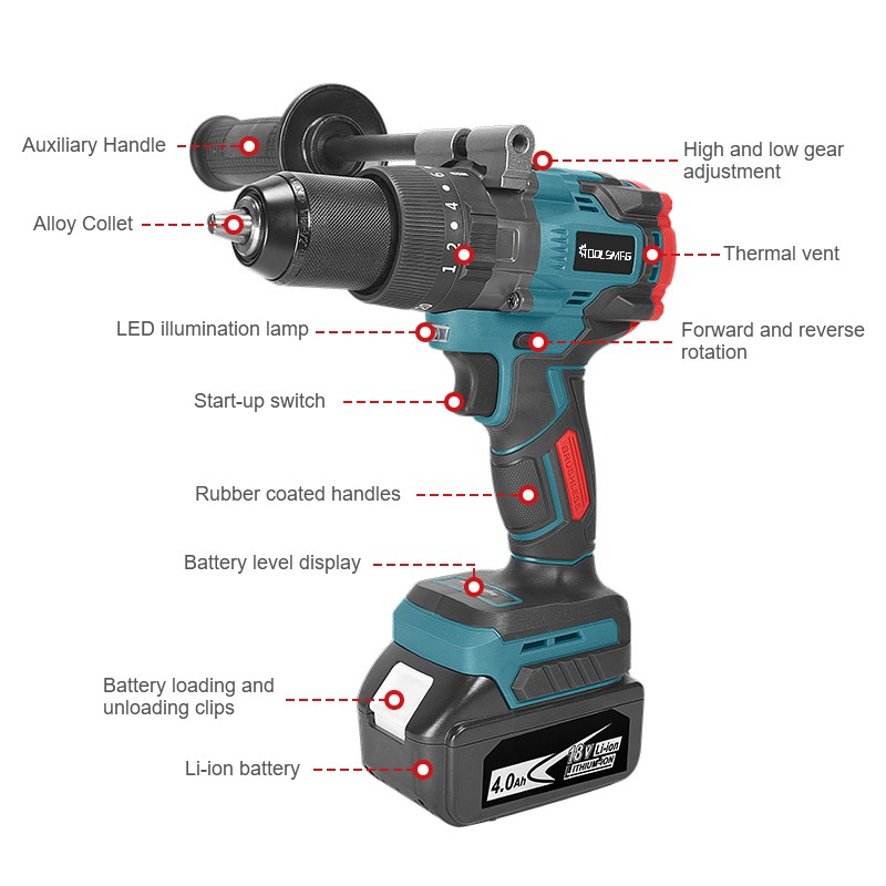 Аккумуляторная дрель TOOLSMFG 13мм, беспроводная