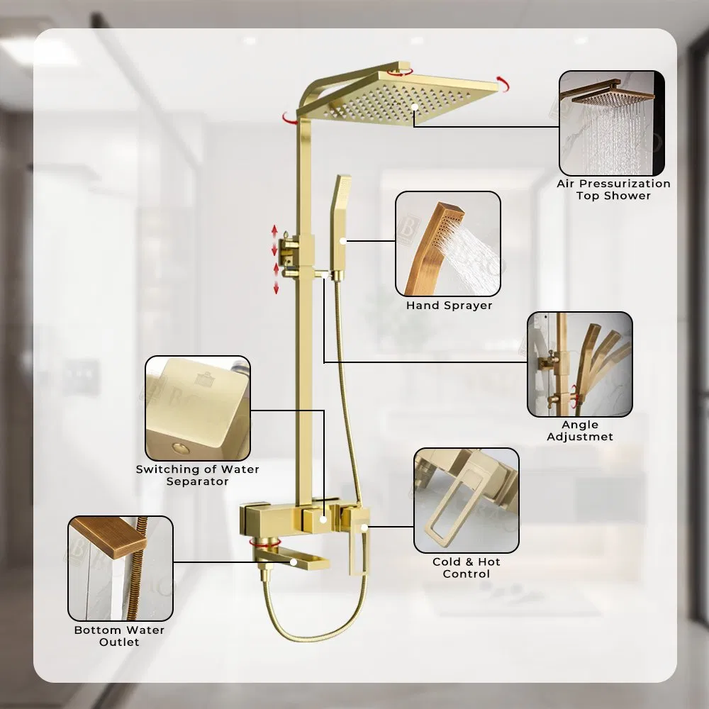 Hotel Luxury Modern 3 Function Brass Brushed Gold Shower Faucet Set