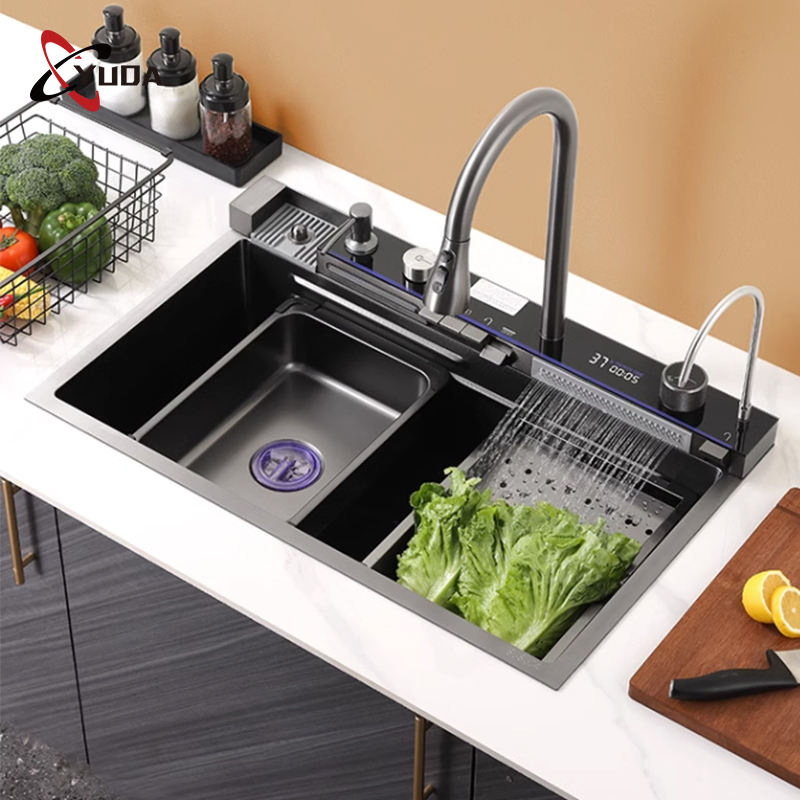 Multi Functional Waterfall Kitchen Sink Nano Black Knife Holder Handmade Kitchen Sink with Cup Washer