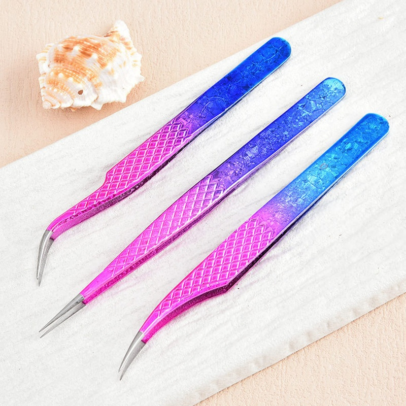 High Precision Tip Embossed Grip Metal Ergonomic Dolphin L-Shaped Lash Extension Tweezers