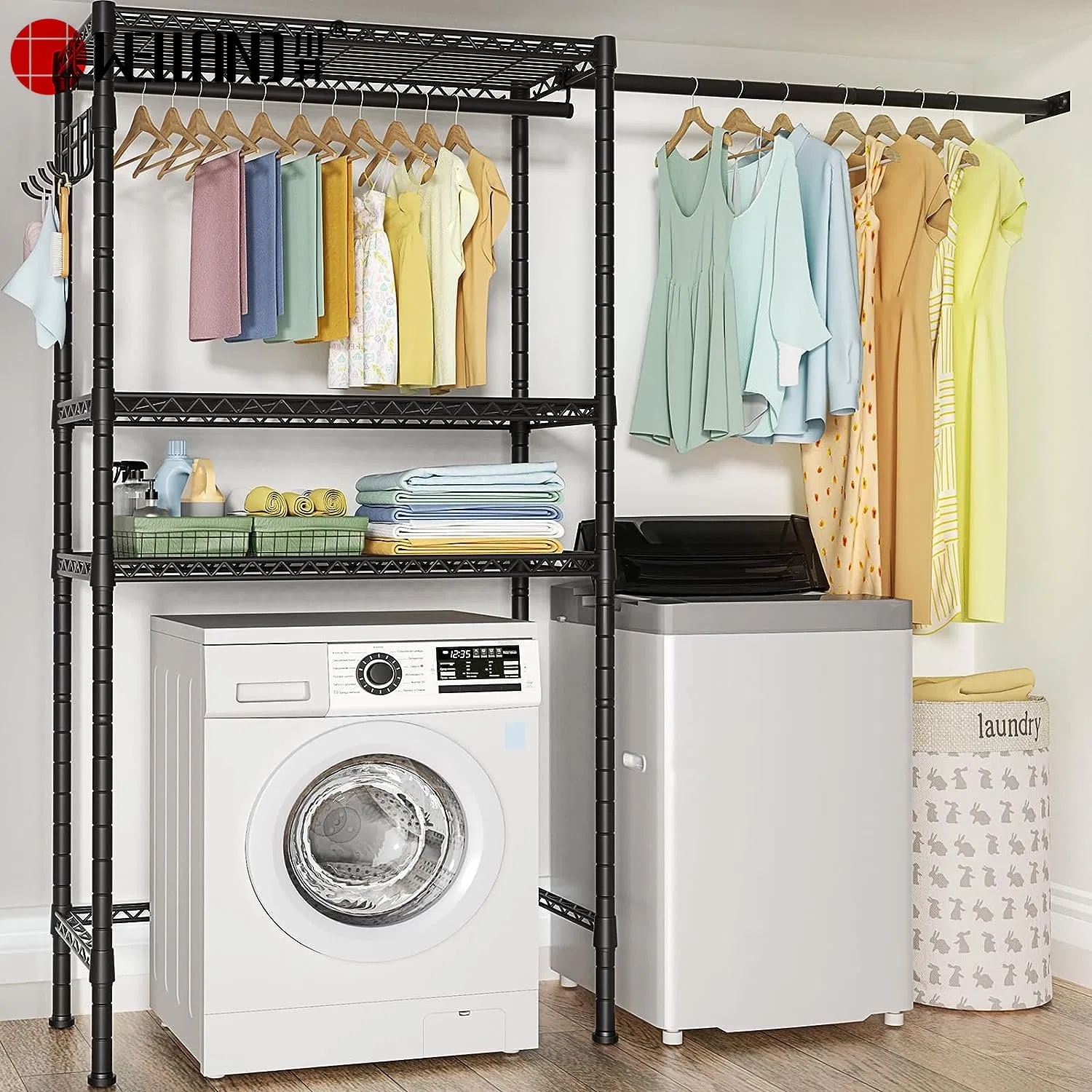 Laundry Room Washing Machine Storage 2 Hanging Clothing Drying Rack with 3 Wire Shelves