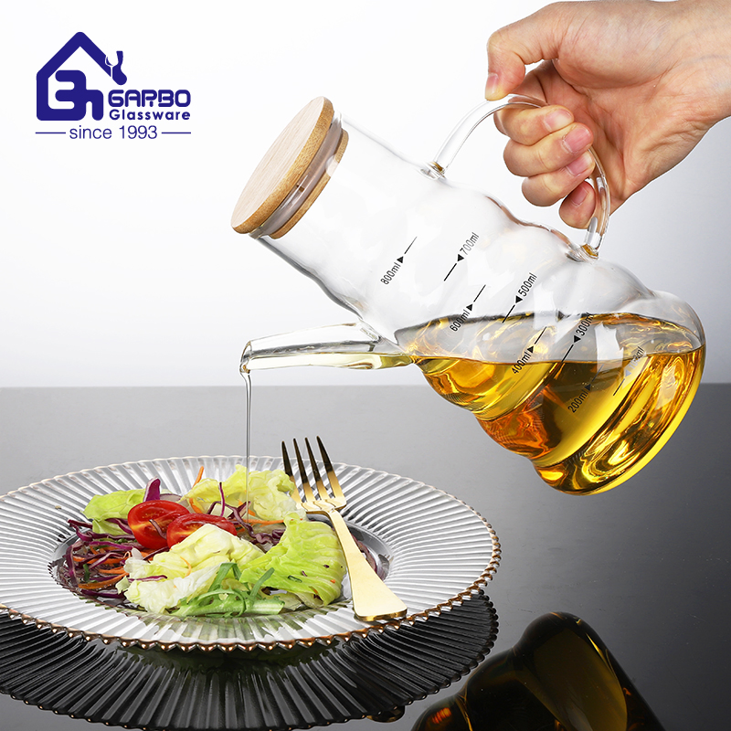 Glass Oil Jug with Handle and Bamboo Lid Glasses Condiment Jar Olive Oil Kitchen Glassware Set