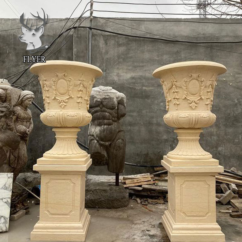 Outdoor Garden Decoration Hand Carved White Marble Flower Planter Pot Polished White Marble Flowerpot