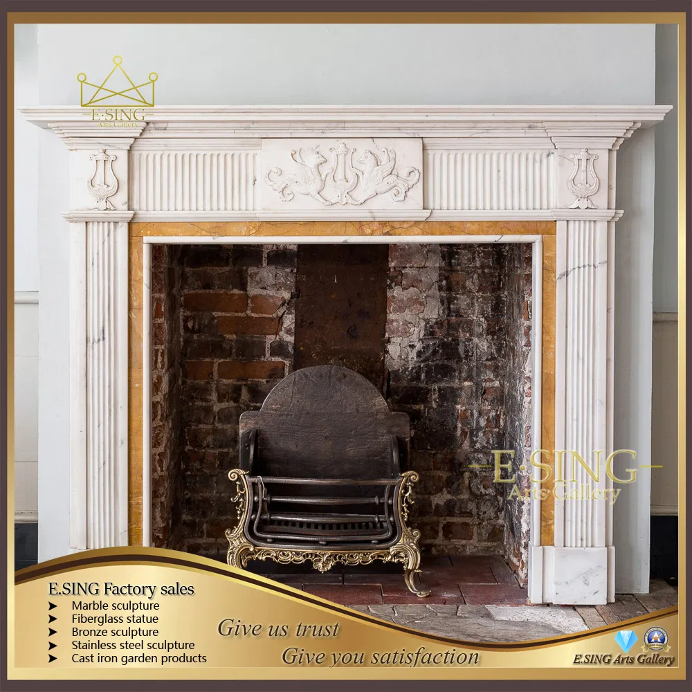 Decorative Hand Carved Fashion Indoor White Natural Stone Metal Marble Fireplace