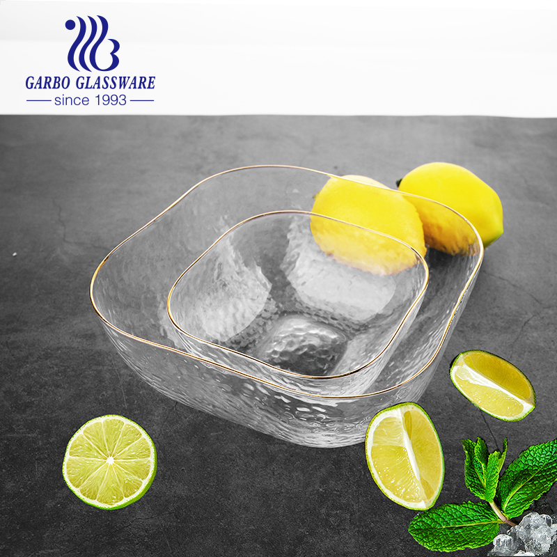 1L Hammer Design Square Glass Fruit Salad Bowls with Golden Rim
