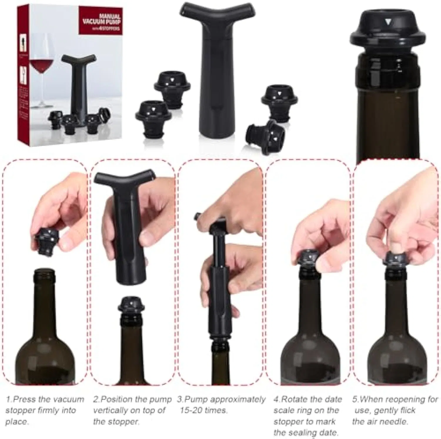 Wholesale Wine Accessories Gift Wine Saver Pump with 4 Vacuum Stoppers for Keeps Wine Fresh